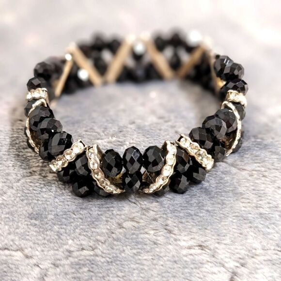Vintage Black Crystal Bead Stretchy Bracelet with Rhinestone Accents - Picture 1 of 16